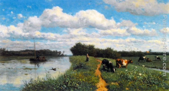 Willem Roelofs Cows Grazing Near a Canal, Schiedam